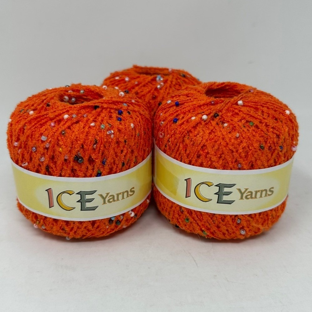 ICE Yarns Orange Beaded Yarn Lot of 3 Balls Multi Color Glass Beads Crochet Knit
